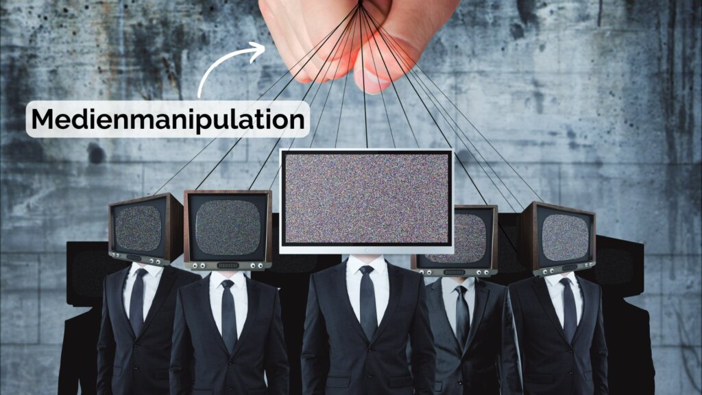 Menschen in Anzügen und Fernseher als Kopf und mit Fäden verbunden symbolisieren die Medienmanipulation