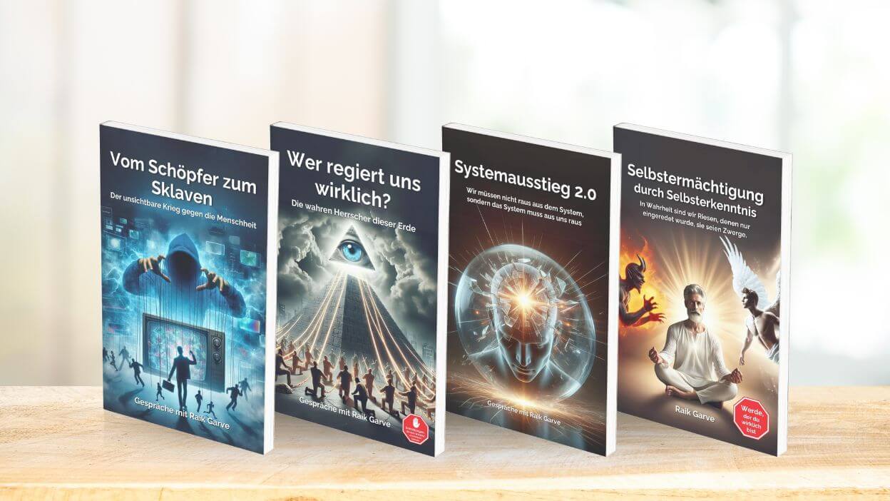 Buchreihe Bewusstseinsbefreiung von Raik Garve auf einem Holzbrett